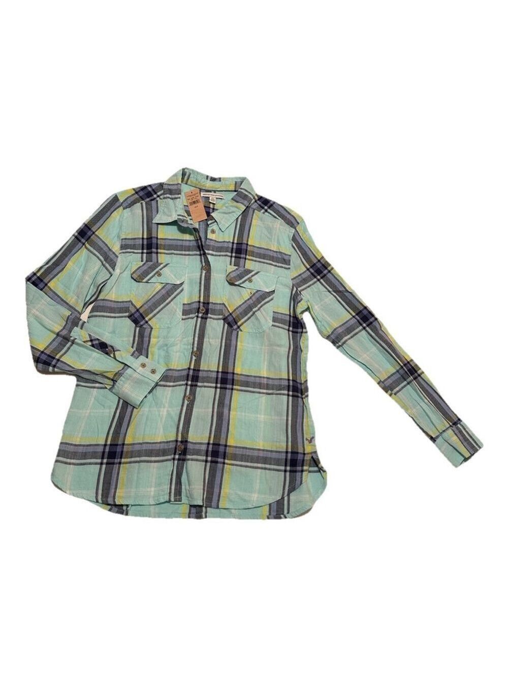 American Eagle Plaid Shirt Womens Small Buttons Pastel Colors Blue & Yellow NWT